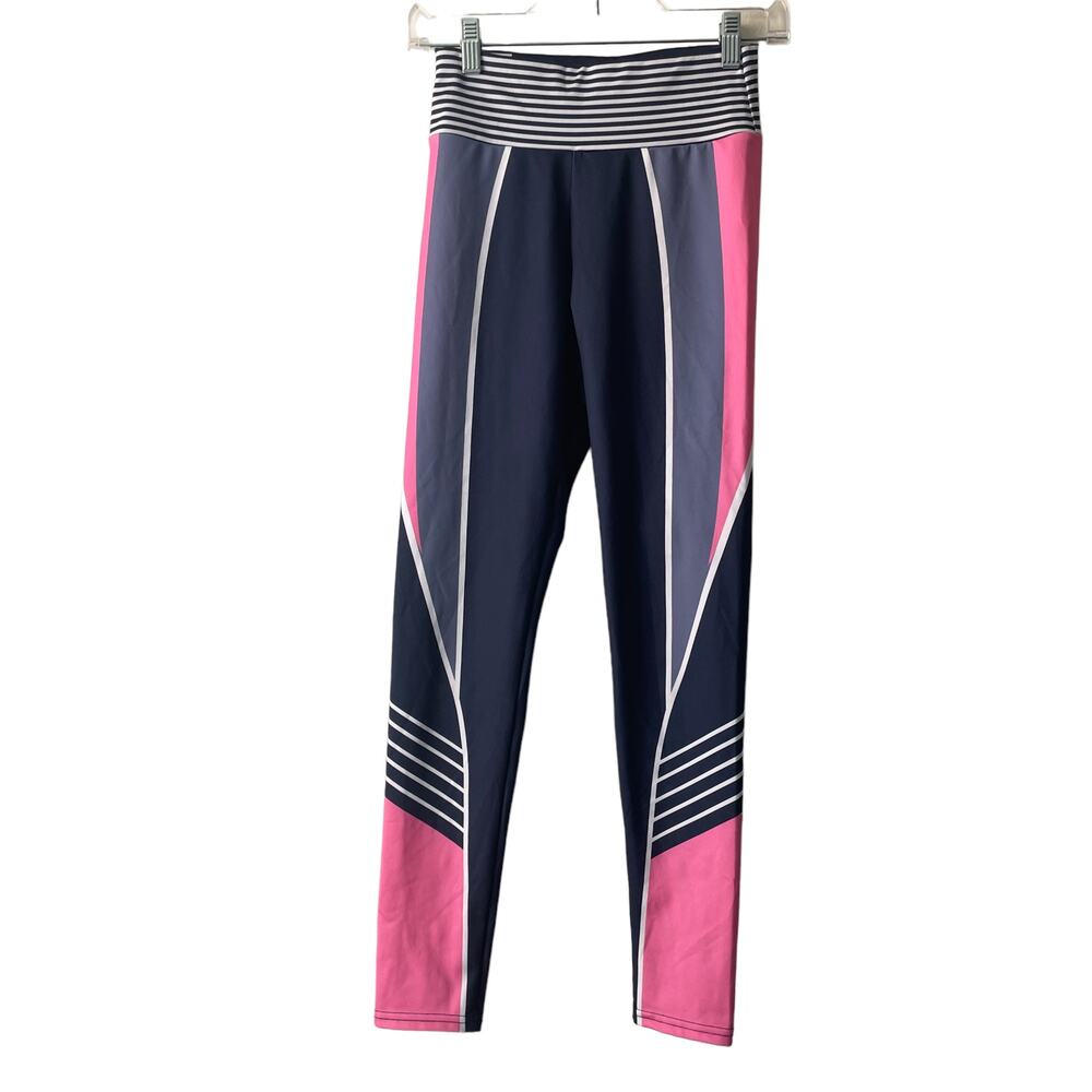 Black Gray and Pink Geometric Striped Leggings
